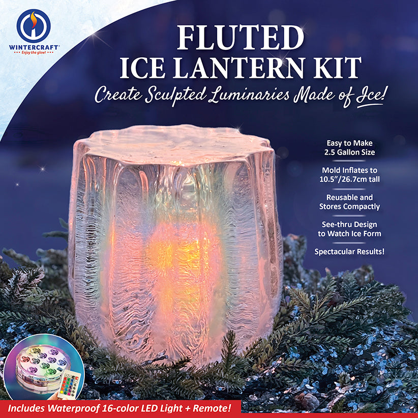 Wintercraft Fluted Ice Lantern Kit package cover showing fluted ice lantern lit with LED light.